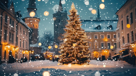 Christmas magic in Tallinn's Town Hall Square, featuring a beautifully decorated Christmas tree, twinkling lights, and snow-covered medieval buildings.の素材