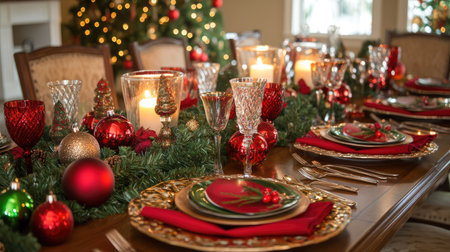 Christmas table decorated with red and green ornaments, candles, and festive napkins, ready for a holiday feast with family and friends.の素材