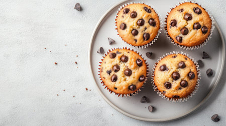 Chocolate chip muffins placed on a plate on a light gray background. Top view, with a few chocolate chips and crumbs scattered around.の素材