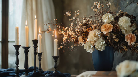Candles burning in tall candlesticks next to an artificial bouquet, providing a blend of warmth and floral beauty that enhances the ambiance.の素材