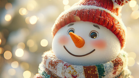 Close-up of a cheerful snowman with a carrot nose and coal eyes, wearing a festive hat and scarf, smiling brightly.の素材