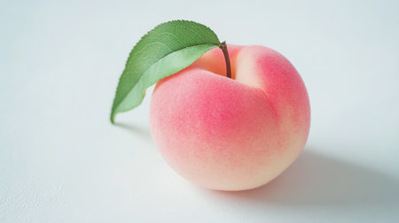 Close-up of a Japanese white peach with a green leaf attached, isolated on a clean white surface.の素材