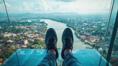 Close-up of a person's feet on the glass floor of a skywalk, with the river and city of Kanchanaburi visible far below. Bright summer day enhances the view.の素材