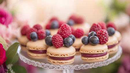 Close-up of berry-filled macarons with a blurred floral background, enhancing their delicacy and creating a fresh, inviting look.の素材