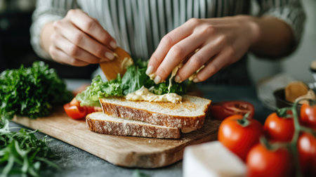 Close-up of a woman making a sandwich at a grey table, spreading mayonnaise on bread. Fresh ingredients like lettuce and tomatoes are visible nearby.の素材