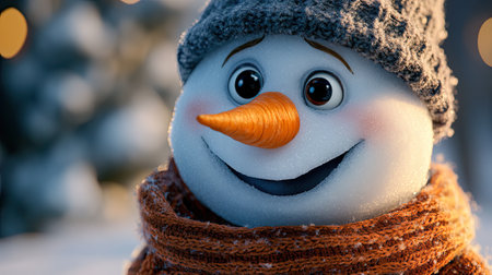 Close-up of a smiling snowman with a carrot nose and coal eyes, wearing a warm scarf and a woolen hat.の素材