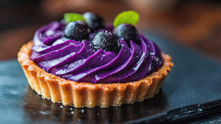 Close-up of a purple yam tart with a rich, colorful filling, captured in selective focus, with a softly blurred background for a clean and elegant presentation.の素材