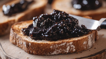 Close-up of black garlic spread on toasted bread, with a knife spreading more of the rich, dark paste, emphasizing its flavor and health benefits.の素材