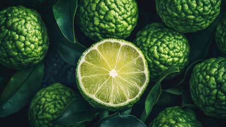 Close-up of fresh bergamot fruits, one sliced open, displaying the detailed texture and juicy pulp, with ample copy space.の素材