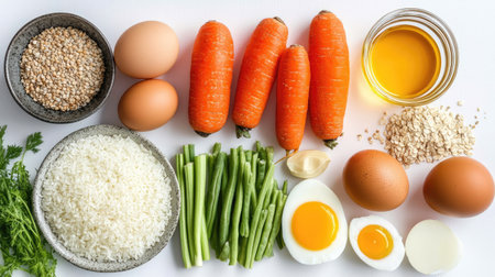 Close-up of a variety of healthy foods like vegetables, eggs, fruit, rice, and oil, neatly laid out on a white background. A visual representation of balanced nutrition.の素材