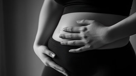 Close-up of a woman's hand grasping her belly fat, highlighting weight concerns and the journey towards fitness. A candid portrayal of body awareness.の素材