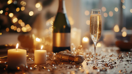 Close-up of New Year's table decor with candles, champagne, and confetti. A warm and festive ambiance for the New Year's celebration.の素材