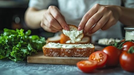 Close-up of a woman making a sandwich, spreading mayonnaise on bread at a grey table. Fresh ingredients like tomatoes and lettuce are arranged beside her.の素材