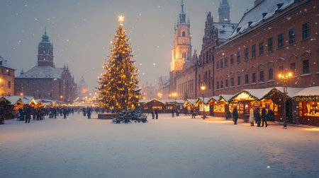 A winter wonderland in Krakow, Poland, with a glowing Christmas tree and the Cloth Hall creating a stunning holiday scene on the Main Market Square.の素材