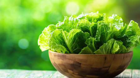 A wooden bowl filled with fresh Romaine lettuce, set against a green bokeh backdrop. The crispness of the leaves is highlighted, emphasizing the natural and healthy appeal.の素材