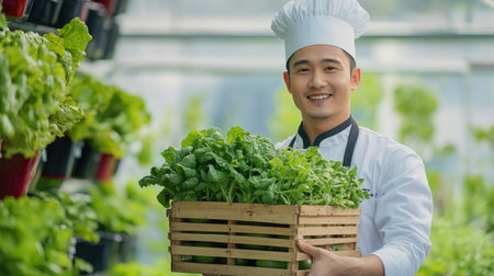 Asian chef with a crate of fresh vegetables in a hydroponics greenhouse, smiling confidently. Ideal for restaurant and small business advertising.の素材