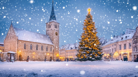 Christmas magic in Tallinn's Town Hall Square, featuring a beautifully decorated Christmas tree, twinkling lights, and snow-covered medieval buildings.の素材