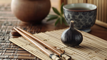 Black garlic in a traditional Japanese setting, with chopsticks, bamboo mat, and a tea cup in the background, showcasing its cultural significance.の素材