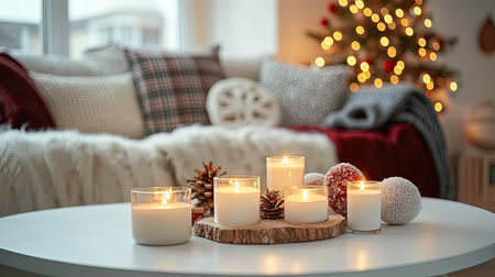 Christmas decor with burning candles on a white table, and a cozy sofa with plaid pillows and blankets in the background. A warm, inviting holiday atmosphere.の素材