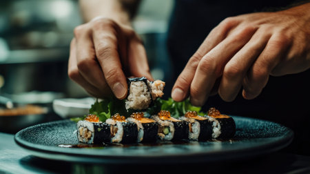 Black garlic being incorporated into a dish, with a chefAEs hands delicately placing the cloves onto a plate of sushi, showcasing its culinary versatility.の素材