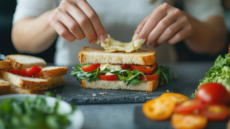 Close-up of a woman preparing a sandwich, spreading mayonnaise on bread at a grey table. Fresh, colorful ingredients are ready for assembly.の素材