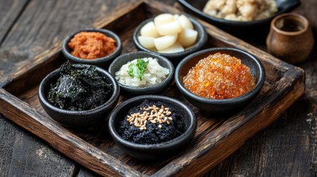 Black garlic paired with other Japanese health foods like miso and seaweed, arranged in small bowls on a wooden tray, representing a nutritious meal.の素材
