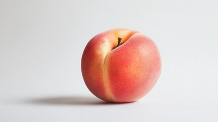 Close-up of a single Japanese peach, with its delicate skin on display, isolated on a clean white surface.の素材