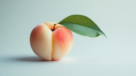 Close-up of a Japanese white peach with a green leaf attached, isolated on a clean white surface.の素材