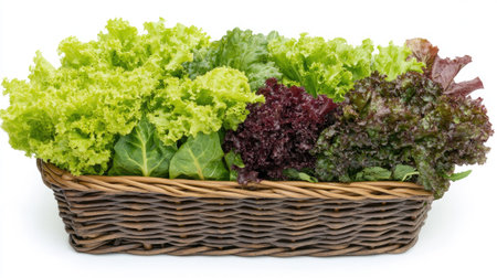 Basket filled with crisp organic green and red lettuce, isolated against a white background. The contrast highlights the freshness and vibrant colors of the leafy greens.の素材