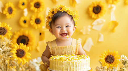 Cheerful cake smash setup with a sunflower-adorned cake, vibrant yellow backdrop, and playful sunflower garlands, capturing the essence of a sunny first birthday.の素材