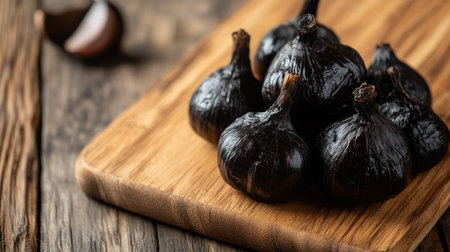 Close-up of black garlic cloves with their dark, glossy texture, highlighting the rich color and wrinkled surface after fermentation, placed on a wooden board.の素材