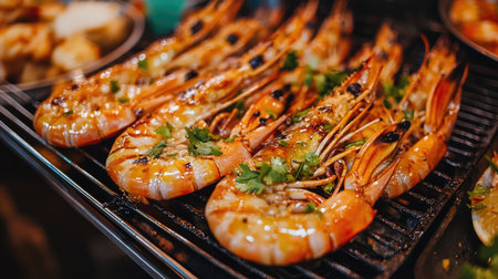 Close-up of grilled big shrimp served on a street food stall in Thailand, garnished with fresh herbs and spicy sauce, capturing the vibrant colors and textures of this popular seafood dishの素材
