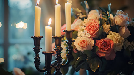 Candles burning in tall candlesticks next to an artificial bouquet, providing a blend of warmth and floral beauty that enhances the ambiance.の素材