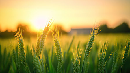 Close-up of green wheat in a field, with a blurred view of the tribune in the background. The fresh crops symbolize growth and rural tranquility.の素材
