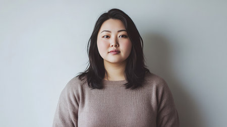 Chubby Asian woman in comfortable clothing, standing against a plain white background, looking directly at the camera with a confident and serene expression.の素材