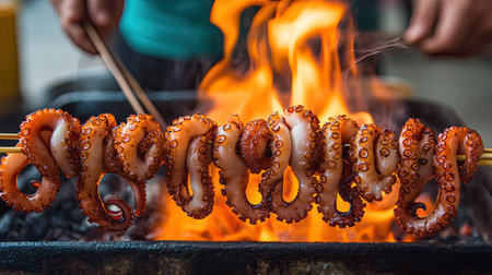 Close-up of octopus skewers being grilled over an open flame on a Thai street food stall, with the squid turning golden brown and crispy as it cooksの素材