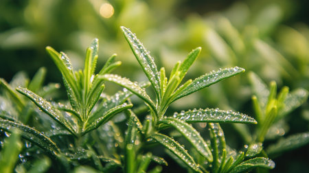 Close-up of rosemary leaves covered with morning dew in a garden, with other herbs visible in the background.の素材