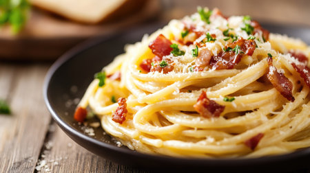 Close-up of Spaghetti alla Carbonara with crispy bacon, creamy sauce, and a sprinkle of parmesan, served on a wooden table. Rich and flavorful.の素材