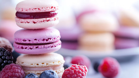 Close-up of vibrant macarons with berry filling, stacked elegantly, with a soft, blurry background enhancing their delicate texture.の素材