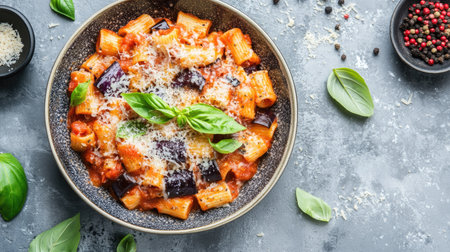 Comforting Pasta alla Norma with eggplant and tomato sauce, sprinkled with cheese and basil leaves, set on a gray concrete background.の素材