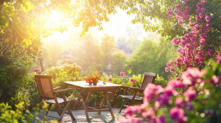 Cozy wooden table and chairs set in a scenic garden, vibrant flowers blooming, and a bright, clear sky above.の素材