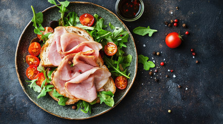 Delicious ham sandwich with crisp salad and juicy tomatoes, beautifully arranged on a plate. The top-down perspective highlights the freshness of the ingredients.の素材
