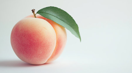 Detailed close-up of a Japanese white peach with a green leaf attached, set on a clean white background.の素材