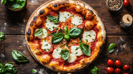 Delicious Margherita pizza with a golden crust, fresh basil, and mozzarella, on a wooden table with scattered ingredients. A top view that captures the essence of Italian flavors.の素材
