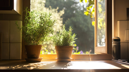 Cozy kitchen with a rustic windowsill, featuring a potted rosemary plant. Sunlight enhances the charm of organic home gardening.の素材