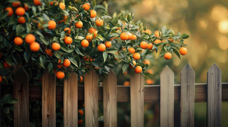 Fence with branches of a fruit-laden orange tree, adding a natural and colorful touch to the outdoor environment. Perfect for nature-themed imagery.の素材