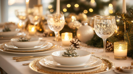 Festive Christmas table setting with gold and white decorations, candles, and elegant tableware. A perfect setup for a holiday dinner.の素材