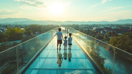 Family enjoying the transparent skywalk, with children looking down at the river and city of Kanchanaburi far below. Clear summer skies add to the adventure.の素材