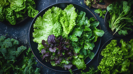 Fresh green lettuce leaves on a plate, surrounded by a variety of natural greens. The image captures the essence of a healthy, nutritious salad full of fresh ingredients.の素材