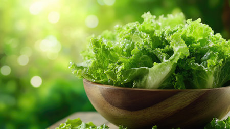 Green Cos lettuce in a rustic wooden bowl with a blurred green bokeh backdrop. The freshness of the leaves stands out, making it ideal for farm-to-table and organic food themes.の素材